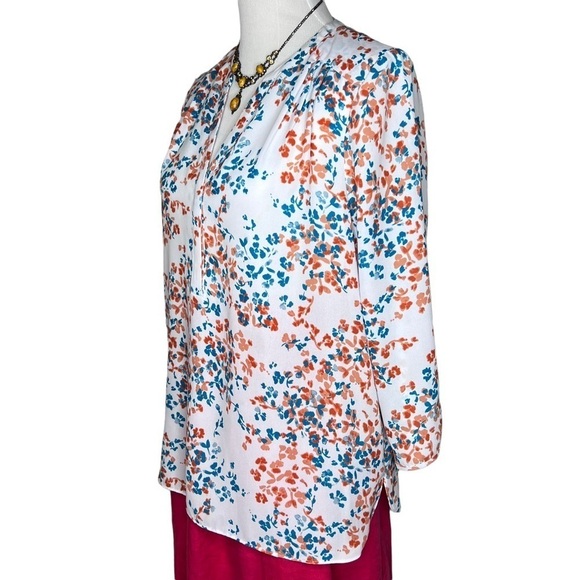 NYDJ White Peach Floral Print V Neck 3/4 Sleeve Pintuck Blouse Size Large P NWOT - Picture 6 of 14